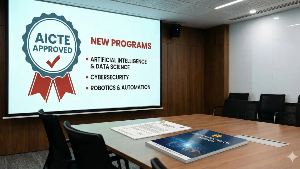 Boardroom screen displaying an AICTE Approved badge and a new programme list covering artificial intelligence, cybersecurity and robotics