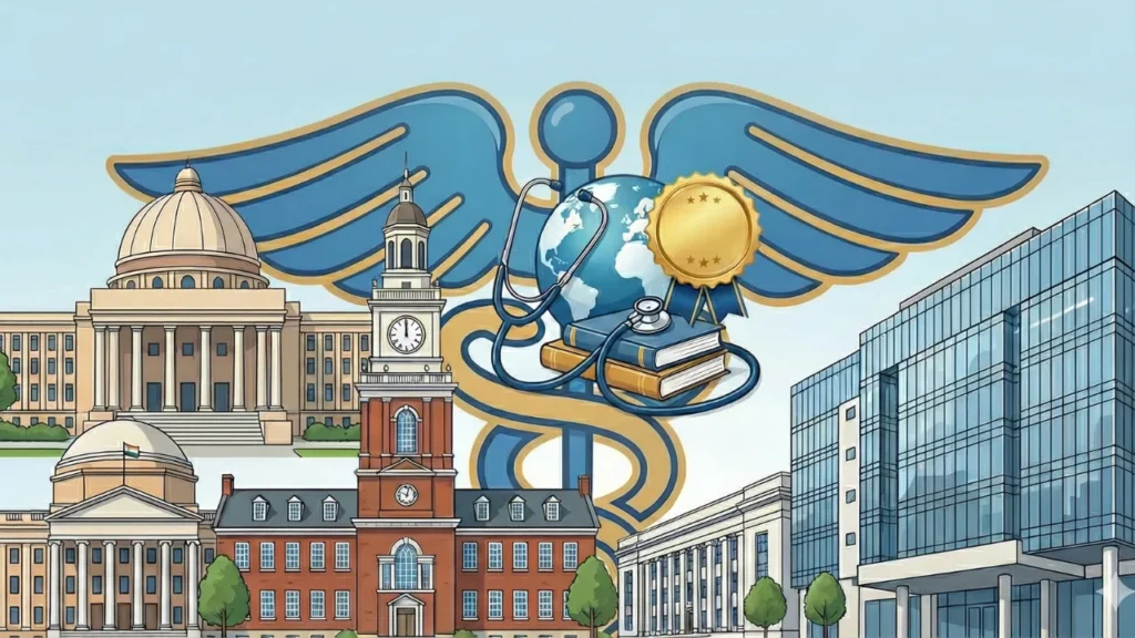 Illustration of a winged medical caduceus with a stethoscope and globe set against government and hospital buildings