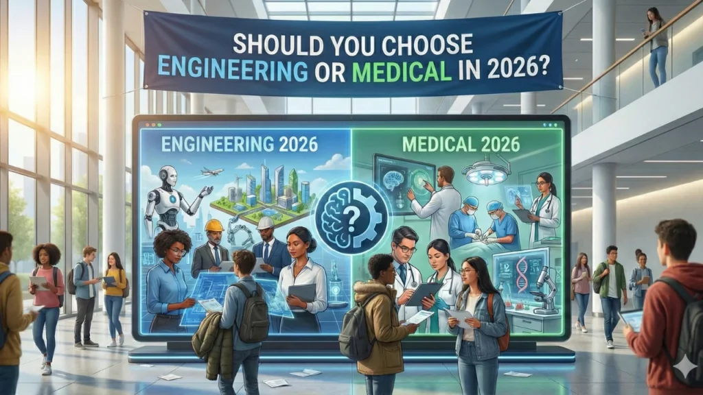 Campus banner asking whether to choose engineering or medical in 2026, with students walking past comparison panels