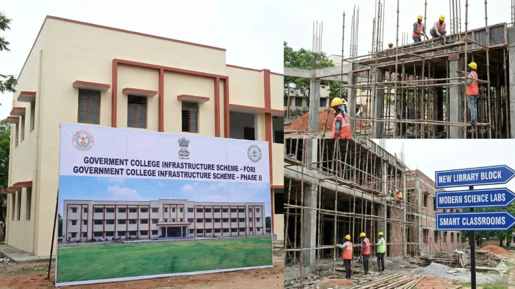 Government college infrastructure scheme signboard beside a partly built block with construction workers and boards for a new library, science labs and smart classrooms