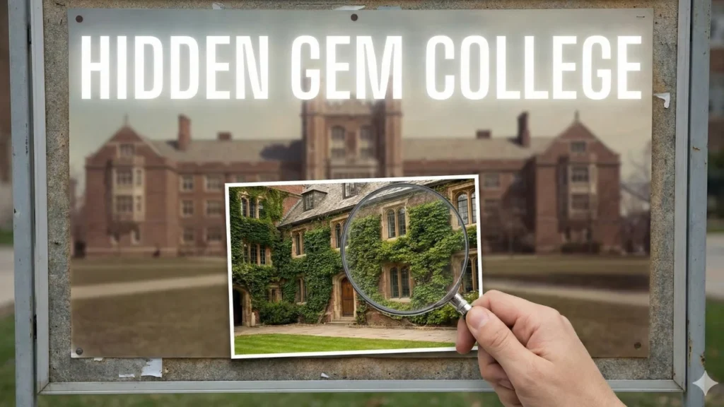 Hand holding a photograph of an ivy-covered college building up against the campus itself, under the words Hidden Gem College