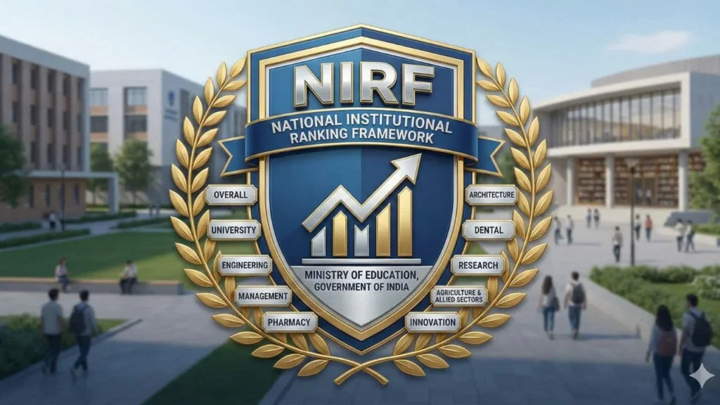 Gold NIRF ranking framework emblem over a college campus where students walk between buildings