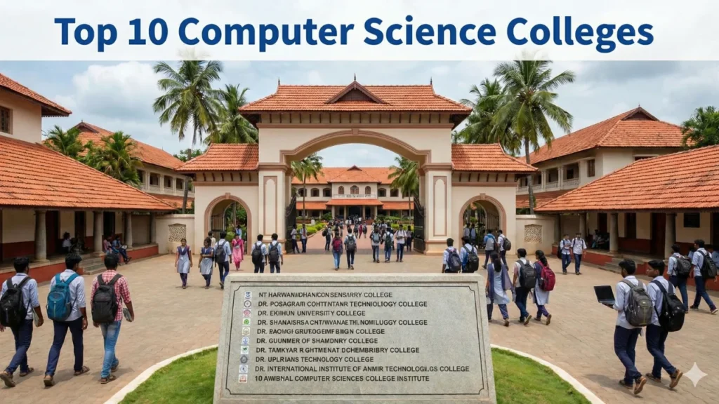 Students walking through a South Indian college gateway with terracotta roofs, beside a board listing top computer science colleges
