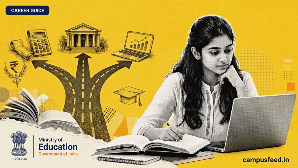 A Class 12 Commerce student reviews career options after 12th Commerce 2026 with books and a laptop open on a study table.