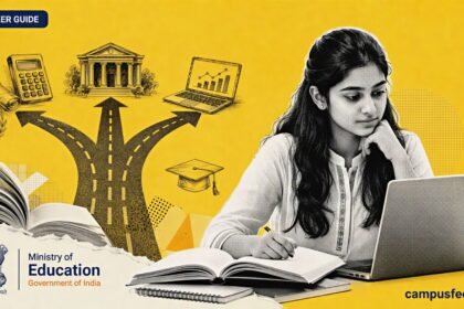 A Class 12 Commerce student reviews career options after 12th Commerce 2026 with books and a laptop open on a study table.