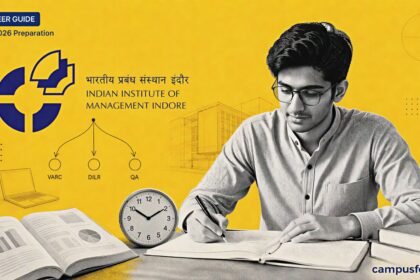CAT 2026 Preparation guide image showing IIM Indore logo and three exam sections VARC DILR QA for November 29 exam.