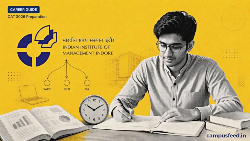 CAT 2026 Preparation guide image showing IIM Indore logo and three exam sections VARC DILR QA for November 29 exam.