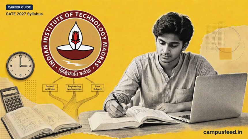 GATE 2027 Syllabus overview poster showing IIT Madras logo and three exam sections for the February 2027 computer-based test.