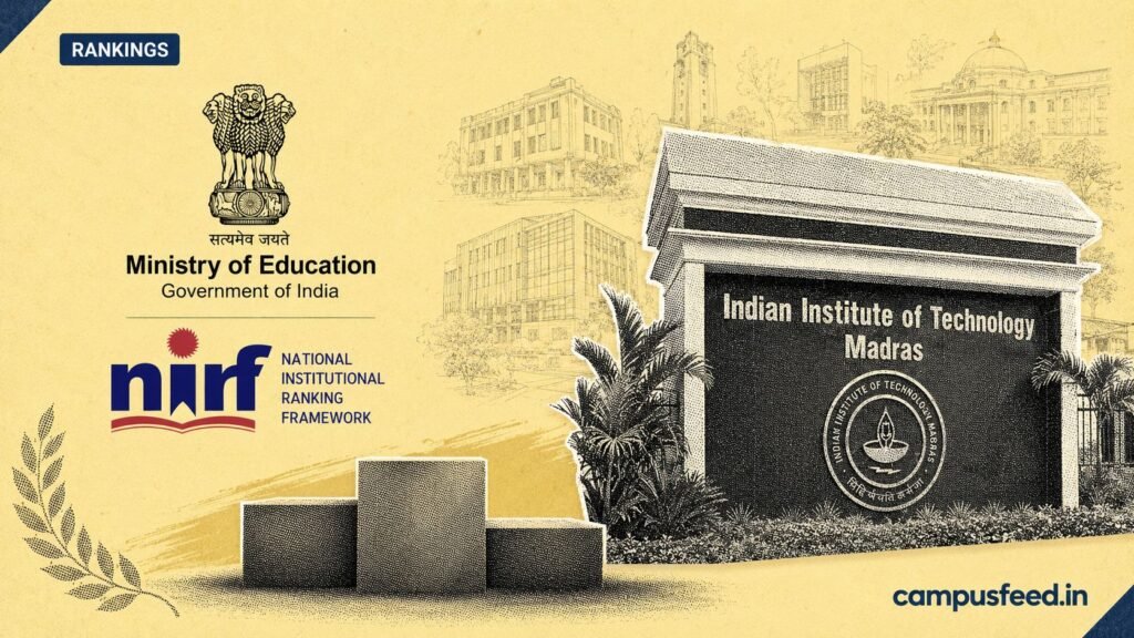 NIRF Ranking 2026 Engineering Colleges top 100 list showing IIT Madras at rank one with official NIRF score and Ministry of Education emblem.