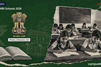 PM SHRI Schools 2026 scheme showing Indian school children in a rural classroom with government emblem and NEP 2020 branding on forest green background.