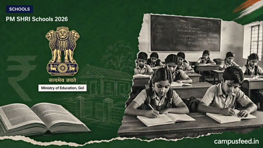 PM SHRI Schools 2026 scheme showing Indian school children in a rural classroom with government emblem and NEP 2020 branding on forest green background.