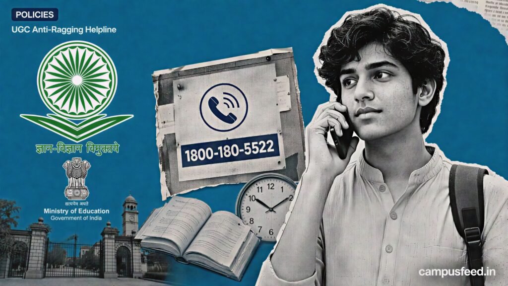 UGC Anti-Ragging Helpline 1800-180-5522 poster showing a student reporting ragging on a college campus in 2026.