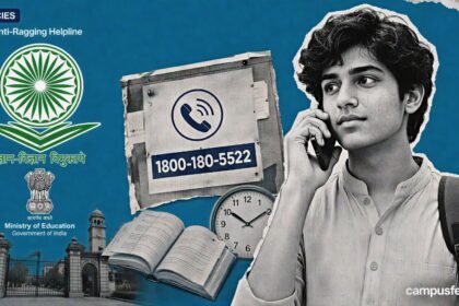 UGC Anti-Ragging Helpline 1800-180-5522 poster showing a student reporting ragging on a college campus in 2026.
