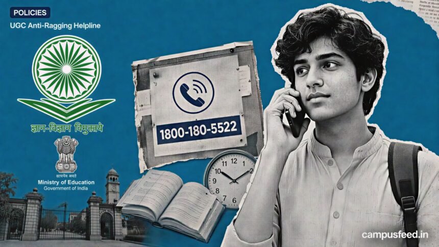 UGC Anti-Ragging Helpline 1800-180-5522 poster showing a student reporting ragging on a college campus in 2026.