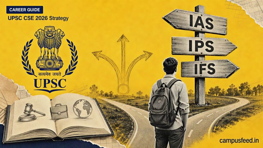 UPSC CSE 2026 Strategy beginner guide showing career crossroads with IAS IPS IFS signposts on warm yellow background.
