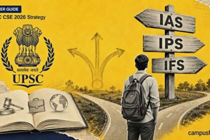 UPSC CSE 2026 Strategy beginner guide showing career crossroads with IAS IPS IFS signposts on warm yellow background.