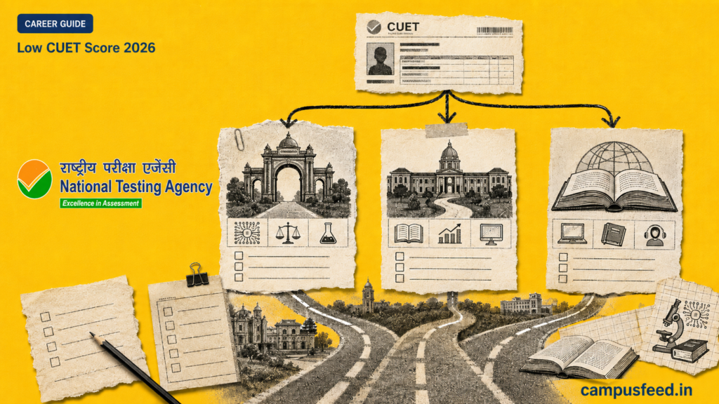 NTA emblem beside a counselling flowchart showing Low CUET Score 2026 pathways across realistic college, course and university options