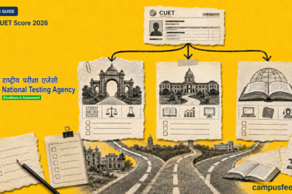 NTA emblem beside a counselling flowchart showing Low CUET Score 2026 pathways across realistic college, course and university options