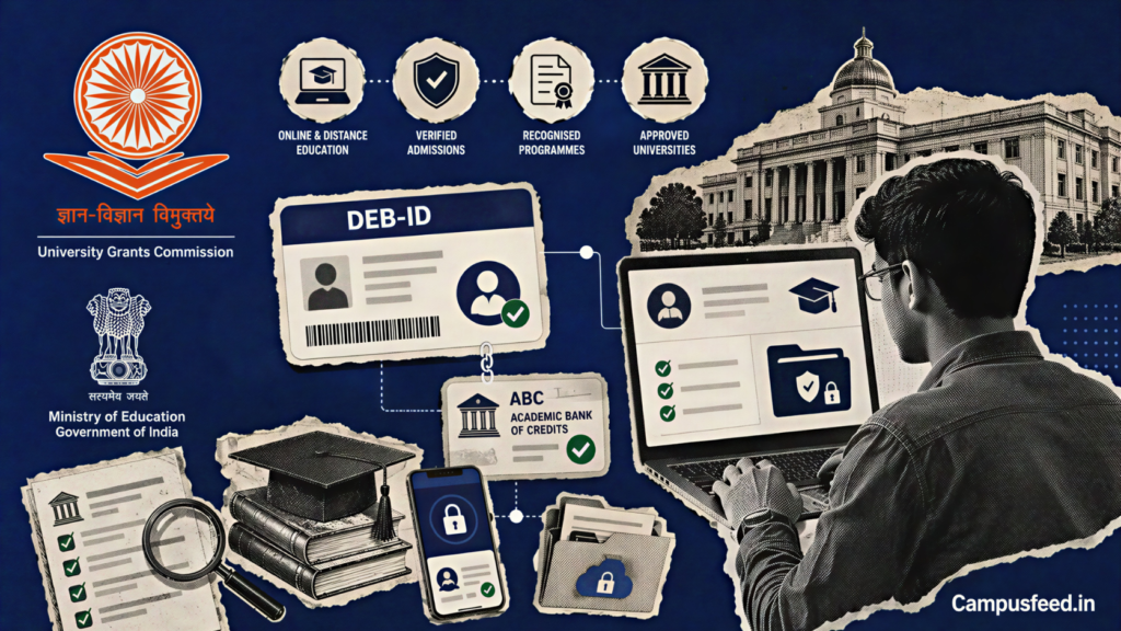 UGC Digital University visual with an online learner, DEB-ID card, ABC-linked records and the official UGC emblem