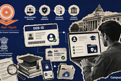 UGC Digital University visual with an online learner, DEB-ID card, ABC-linked records and the official UGC emblem