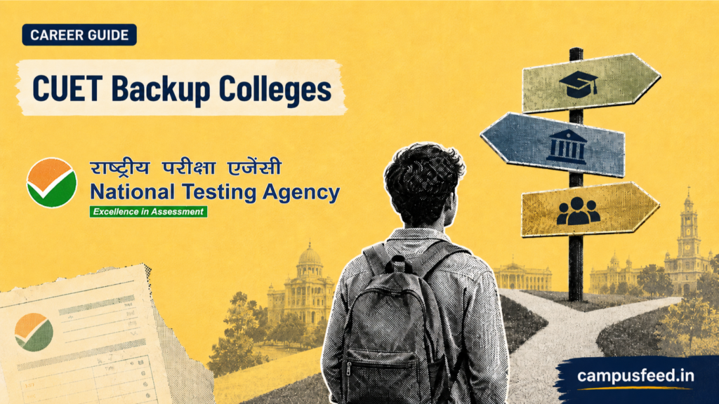 CUET Backup Colleges guide with an NTA logo, student at a crossroads, university signposts and a CUET scorecard
