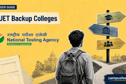 CUET Backup Colleges guide with an NTA logo, student at a crossroads, university signposts and a CUET scorecard
