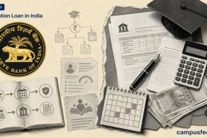 RBI emblem beside a halftone loan agreement, calculator and graduation cap illustrating Education Loan in India repayment risks and PM Vidyalaxmi support