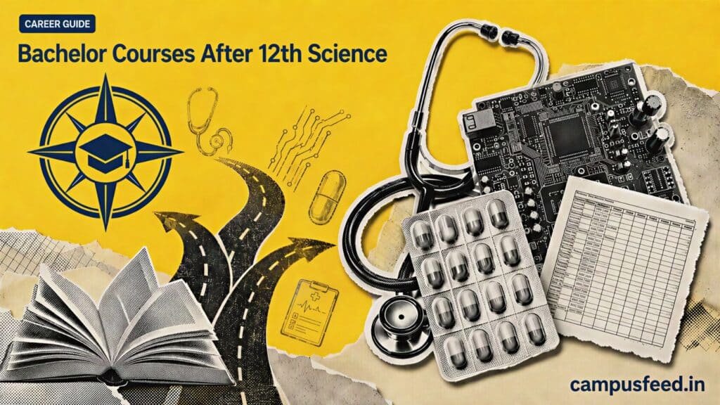 Bachelor Courses After 12th Science guide with stethoscope, circuit board, pharmacy blister pack and nursing chart symbols