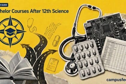 Bachelor Courses After 12th Science guide with stethoscope, circuit board, pharmacy blister pack and nursing chart symbols