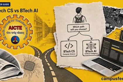 BTech CS vs AI career guide with split coding and machine-learning workstations, AICTE emblem, circuit board, laptop, and branching career paths