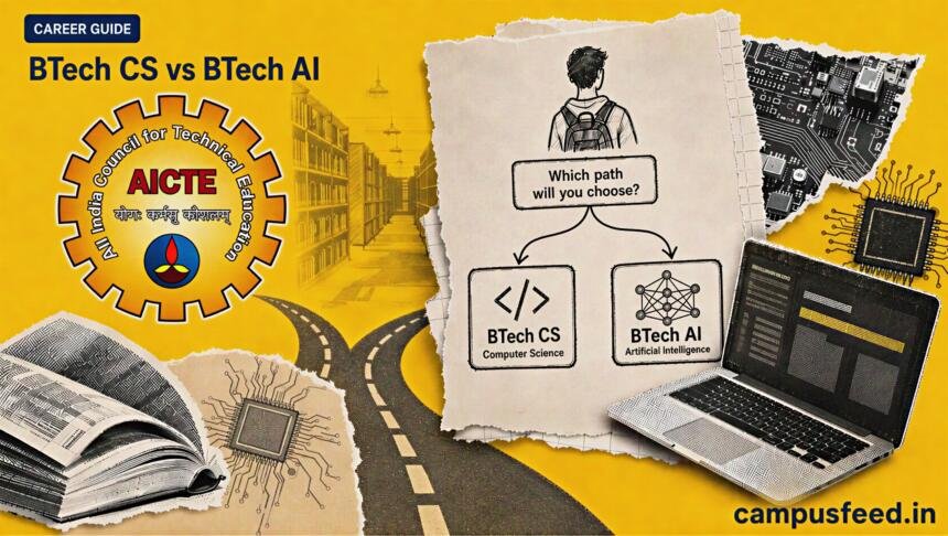 BTech CS vs AI career guide with split coding and machine-learning workstations, AICTE emblem, circuit board, laptop, and branching career paths