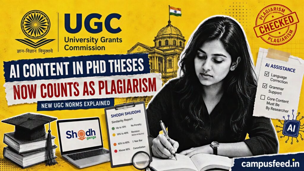 Alt Text: Editorial image showing UGC AI plagiarism rules for PhD theses, with a student writing, UGC emblem, ShodhGanga, Shodh Shuddhi report, AI assistance note, and Campusfeed.in branding.