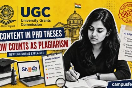 Alt Text: Editorial image showing UGC AI plagiarism rules for PhD theses, with a student writing, UGC emblem, ShodhGanga, Shodh Shuddhi report, AI assistance note, and Campusfeed.in branding.