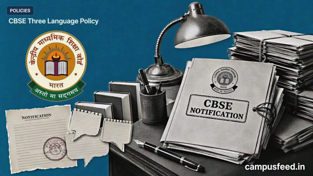 CBSE Three Language Policy clarification beside the official CBSE emblem, policy files and a stamped notification protecting existing Class 7 to 9 language choices