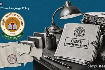 CBSE Three Language Policy clarification beside the official CBSE emblem, policy files and a stamped notification protecting existing Class 7 to 9 language choices