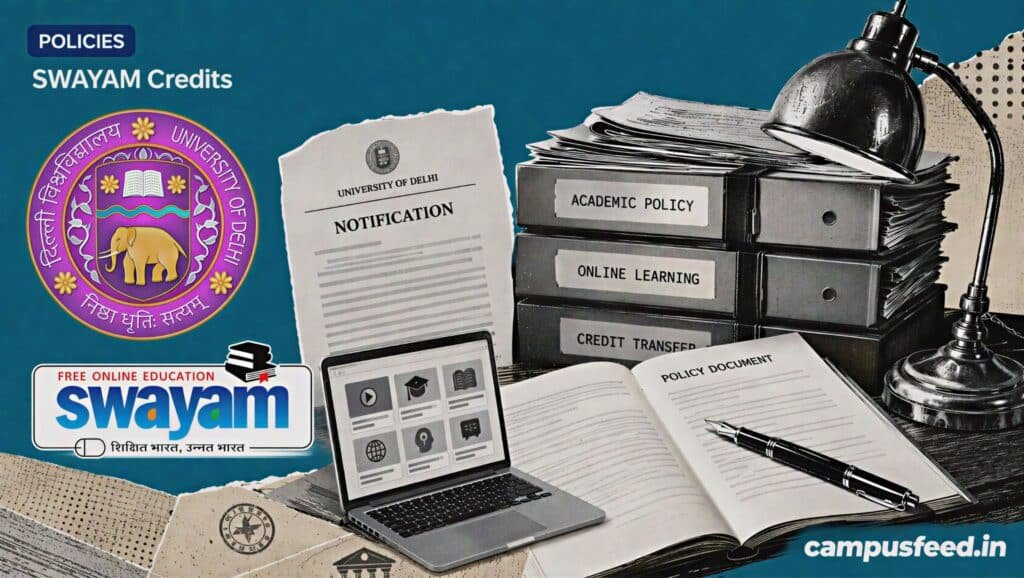 Delhi University policy desk and official DU emblem representing SWAYAM Credits approval for undergraduate, postgraduate and PhD programmes