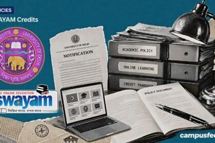 Delhi University policy desk and official DU emblem representing SWAYAM Credits approval for undergraduate, postgraduate and PhD programmes