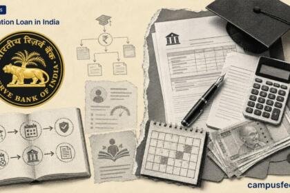 RBI emblem beside a halftone loan agreement, calculator and graduation cap illustrating Education Loan in India repayment risks and PM Vidyalaxmi support