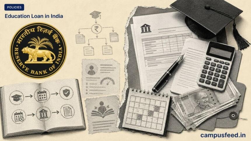 RBI emblem beside a halftone loan agreement, calculator and graduation cap illustrating Education Loan in India repayment risks and PM Vidyalaxmi support