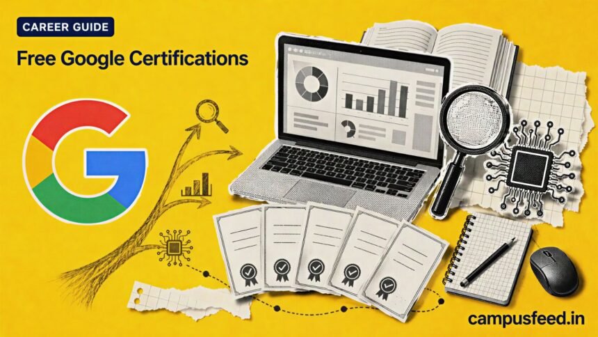 Official Google logo beside free Google certifications represented by a halftone laptop, analytics dashboard, search-ad magnifier and generative AI circuit