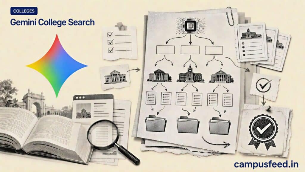 Gemini College Search flowchart with Google Gemini logo, college shortlist cards, official portal checks, and Deep Research cues for Indian students