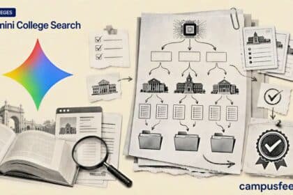 Gemini College Search flowchart with Google Gemini logo, college shortlist cards, official portal checks, and Deep Research cues for Indian students