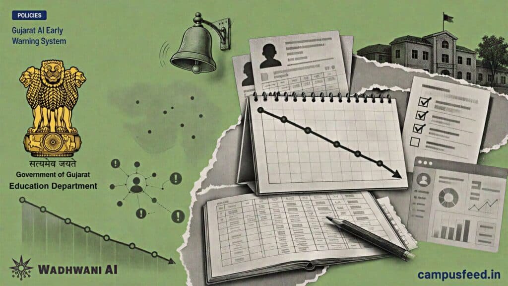 Gujarat AI Early Warning System shown as a halftone school-data timeline with Gujarat government emblem, attendance alerts and dropout-prevention monitoring