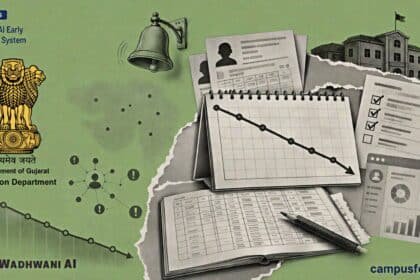Gujarat AI Early Warning System shown as a halftone school-data timeline with Gujarat government emblem, attendance alerts and dropout-prevention monitoring