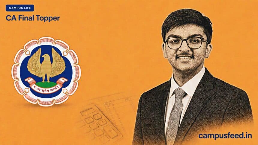 ICAI CA Final Topper Noor Singla represented by a halftone merit-list scorecard, official emblem and subtle Patiala map fragment
