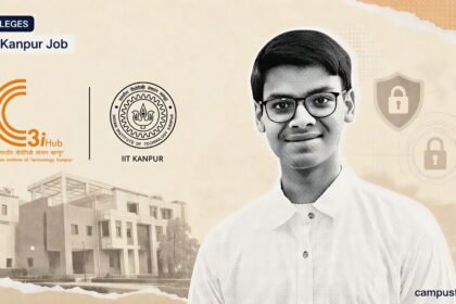 Nisarga Adhikary halftone portrait with C3iHub and IIT Kanpur logos for CampusFeed story on his cybersecurity job.