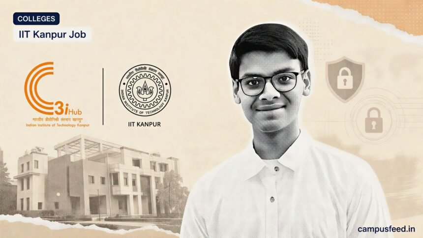 Nisarga Adhikary halftone portrait with C3iHub and IIT Kanpur logos for CampusFeed story on his cybersecurity job.