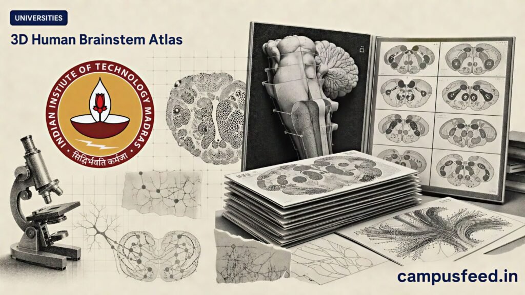 IIT Madras 3D Human Brainstem Atlas visual with brainstem map, SGBC logo, microscope collage and ANCHOR research elements