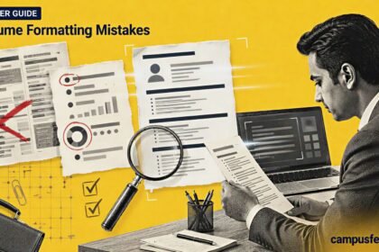 Resume formatting mistakes shown through a halftone one-page CV audit with ATS scan lines, metric callouts, and clutter removed for fresher placements