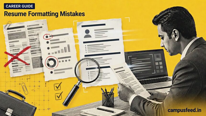 Resume formatting mistakes shown through a halftone one-page CV audit with ATS scan lines, metric callouts, and clutter removed for fresher placements